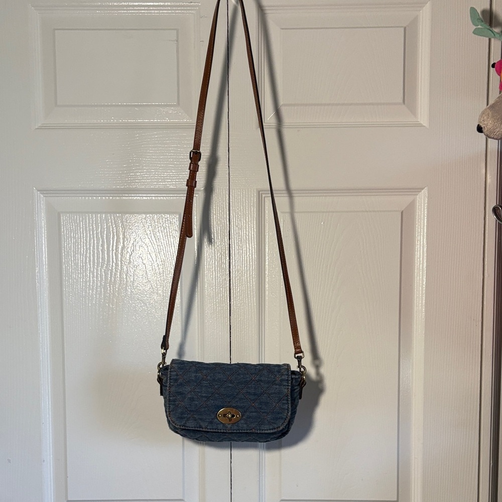 Quilted Denim Crossbody Bag with Brown Strap